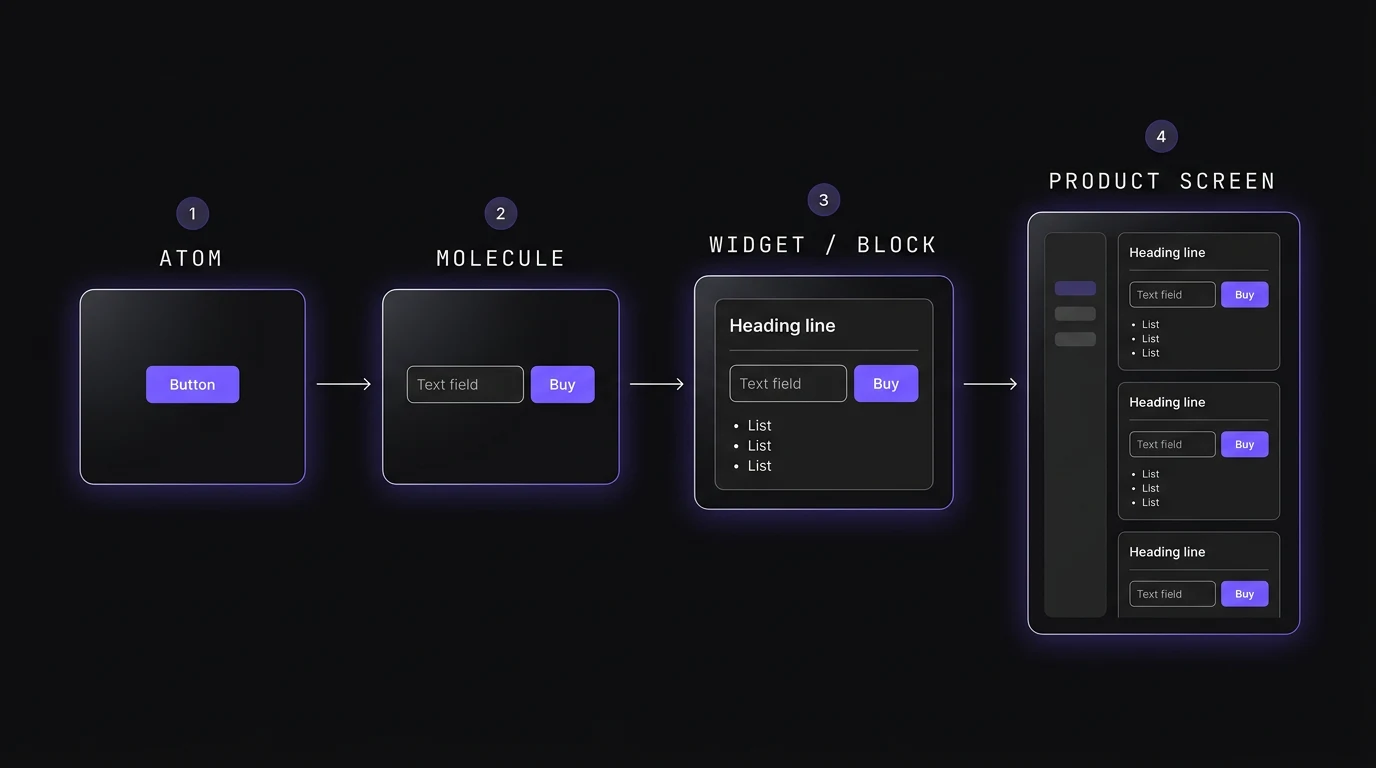 Atom → Molecule → Widget / Block → Product screen.