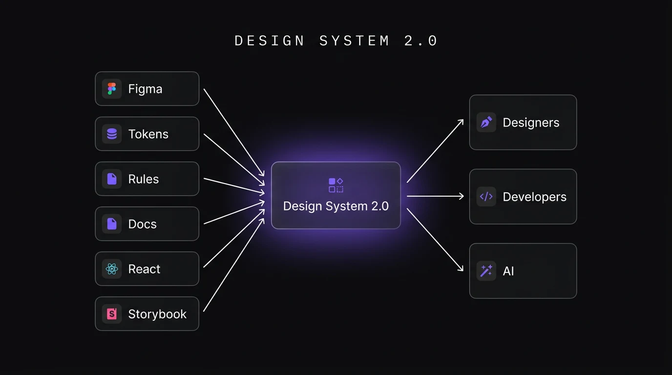Figma + Tokens + Rules + Docs + React + Storybook → Designers / Developers / AI.
