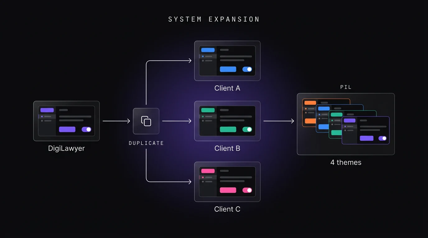 SYSTEM EXPANSION: DigiLawyer → duplicate → Client A / Client B / Client C → PIL orange / blue / green / purple.