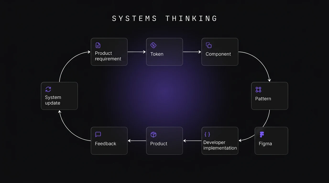 SYSTEMS THINKING: Product requirement → token → component → pattern → Figma → developer implementation → product → feedback → system update.
