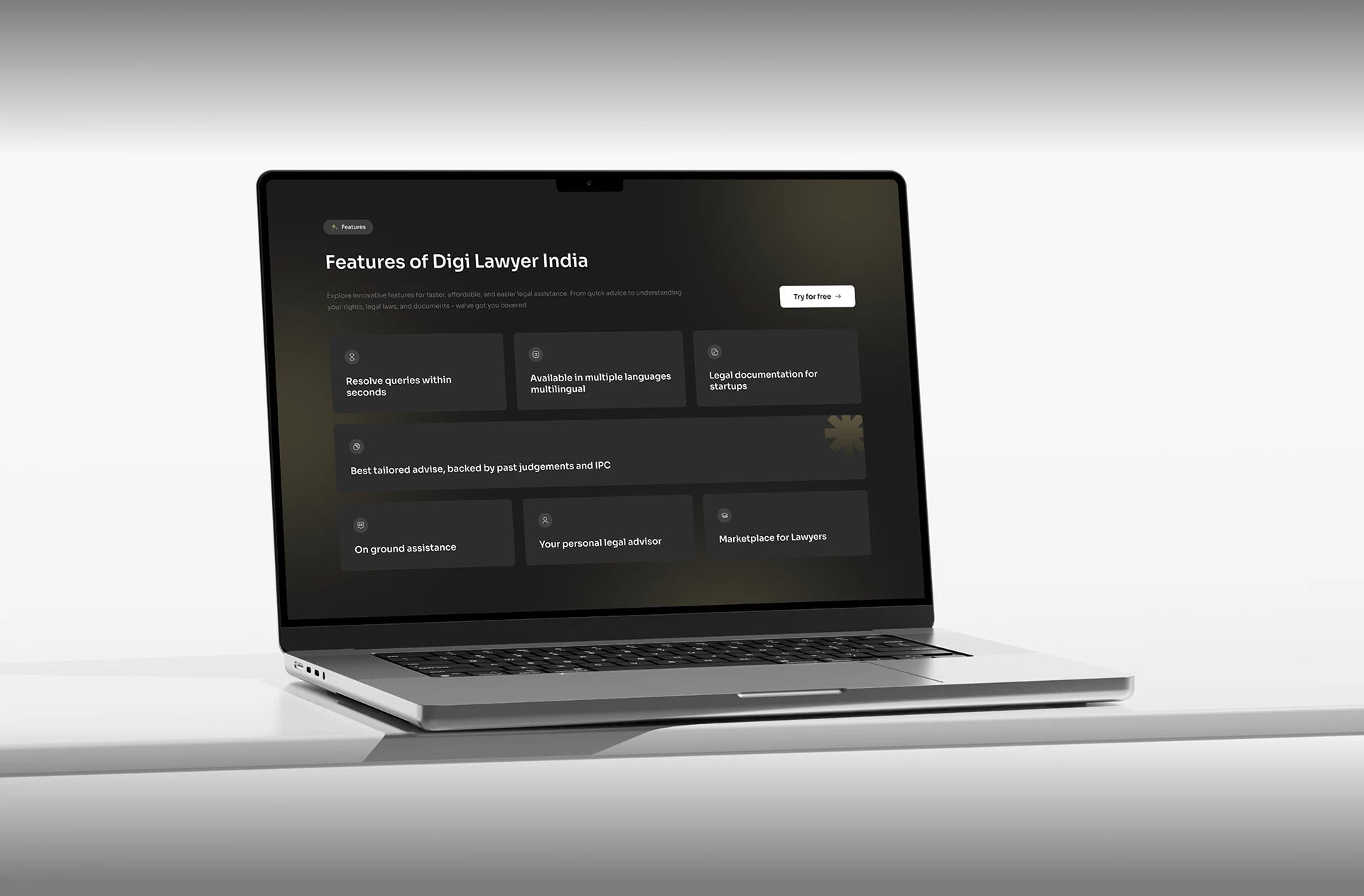 The DigiLawyer website on a laptop: “Features of Digi Lawyer India”