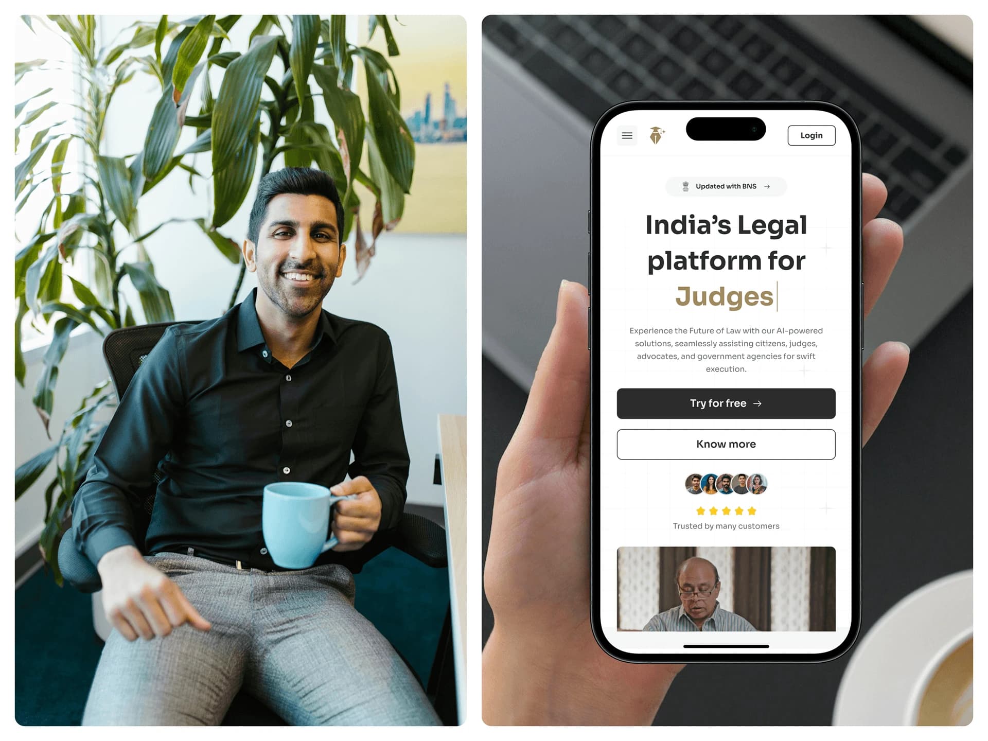 A man with a coffee mug beside DigiLawyer on a phone: “India's Legal platform for Judges”