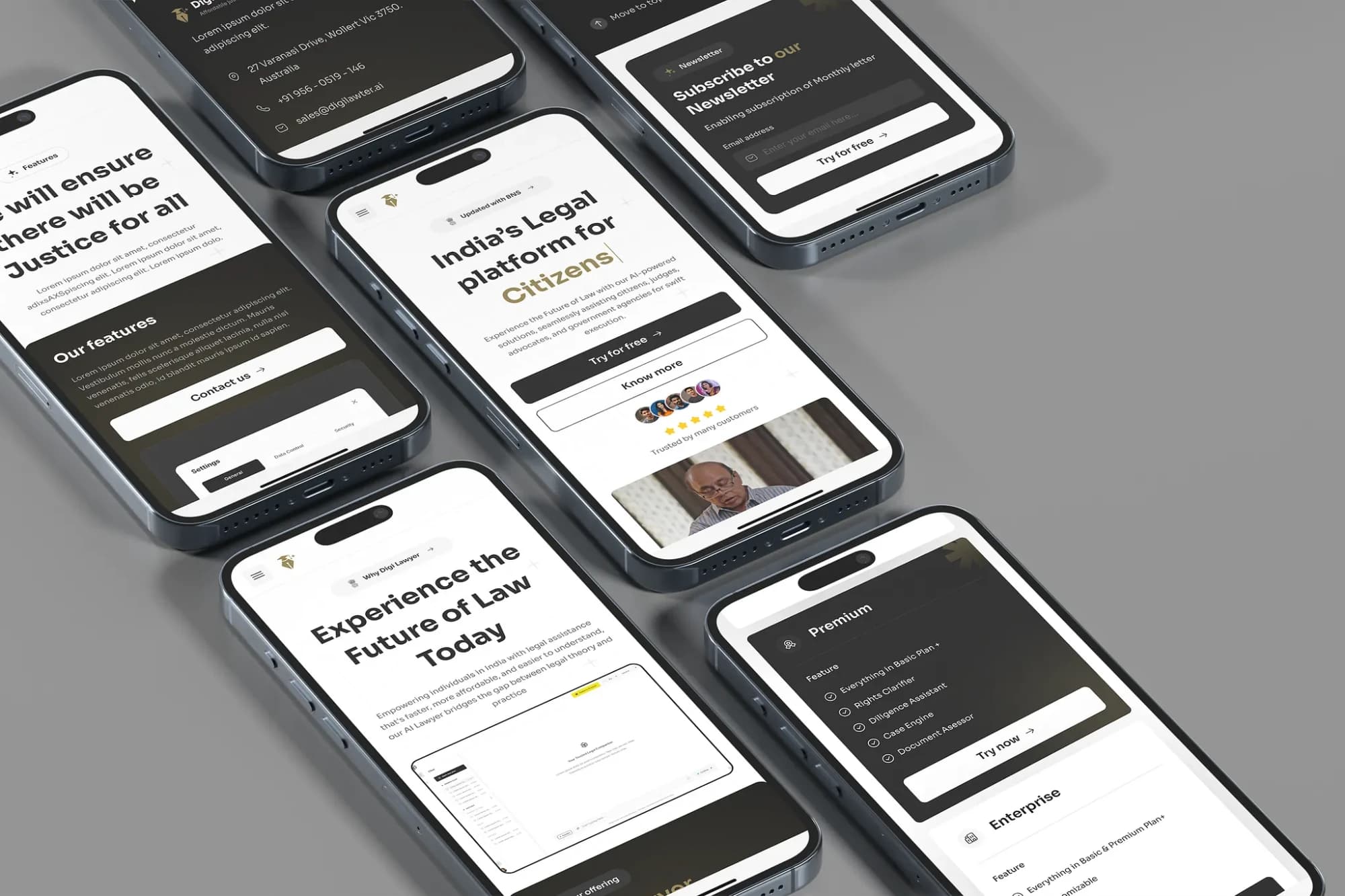 The website on phones: hero, features, pricing, newsletter
