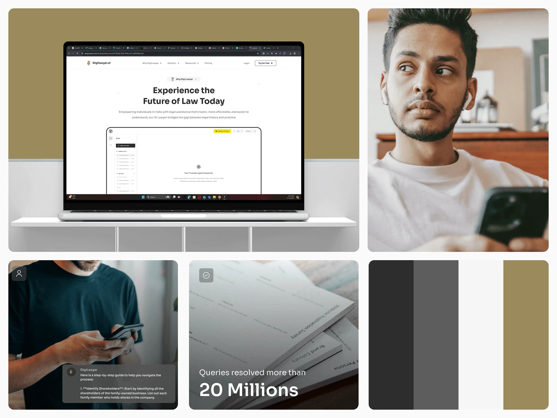 Moodboard: the website on a laptop, people using DigiLawyer on their phones, and the palette of charcoal, grey, white and gold