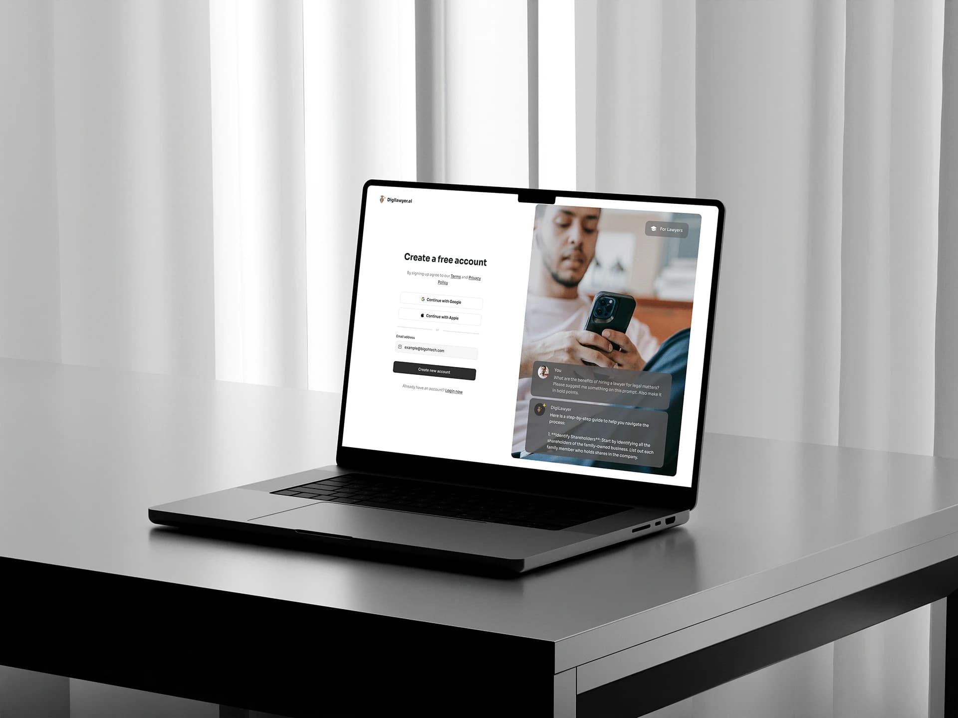 DigiLawyer's sign-up screen on a laptop: “Create a free account”