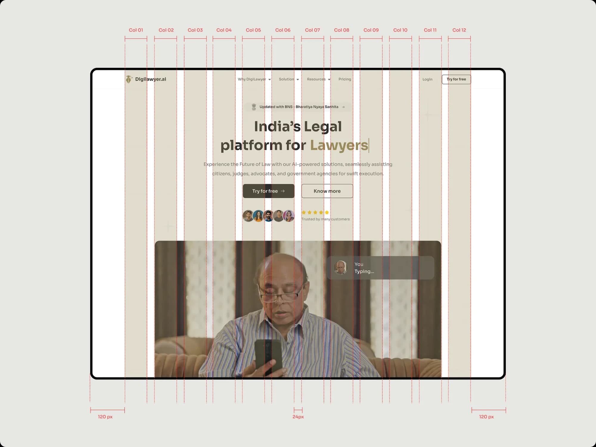 The website on a 12-column grid: 120px margins, 24px gutters
